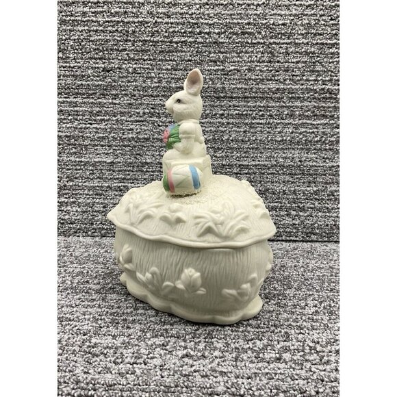 Heart Shaped Bisque Candy Dish Trinket Box Easter Bunny Colored Eggs w Lid 7" T - Picture 3 of 8